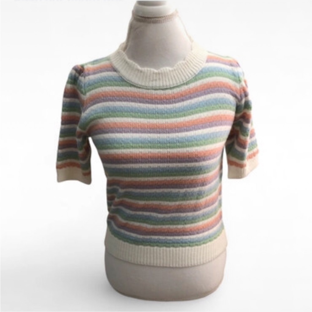 Storia Open Knit Pastel Striped Short Sleeve Sweater Top